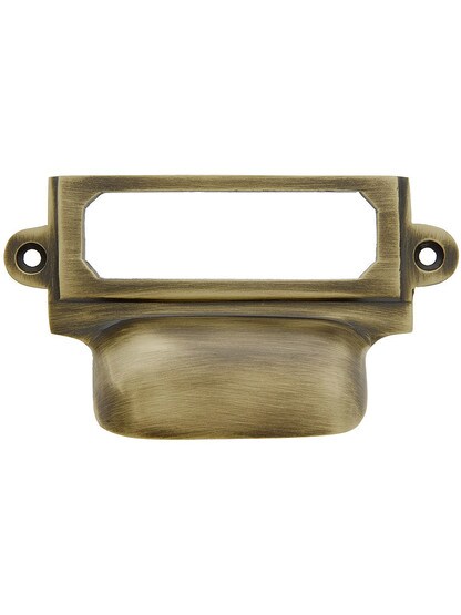 3 5/8 inch Cast Brass Label Holder and Bin Pull in Antique Brass.